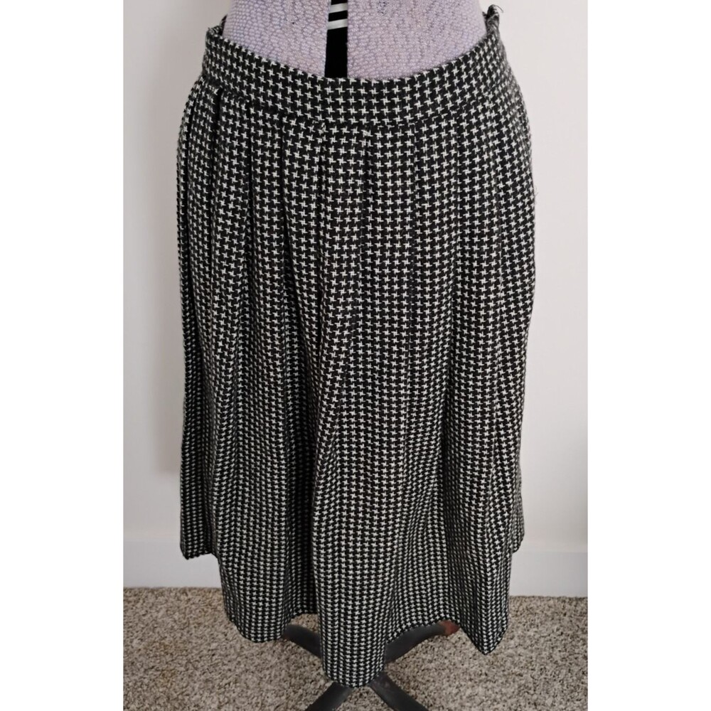Vtg 80's Pleated Wool Midi Skirt Women’s Black White Sz 6 Academia Office